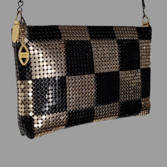 Metal Mesh Gold and Black Color Block Evening Bag Clutch Shoulder Bag - Picture 2 of 9
